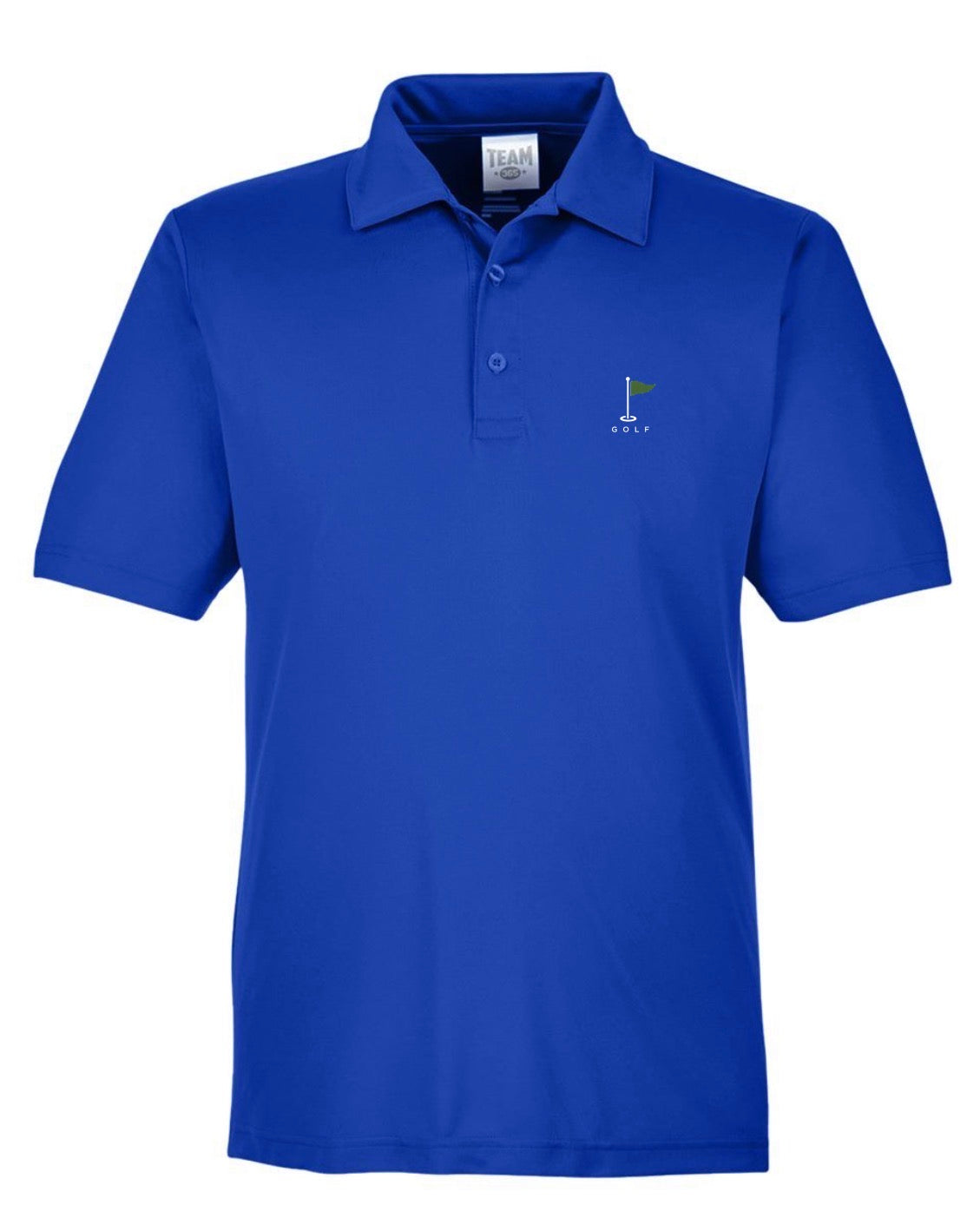 A royal blue short-sleeve polo shirt with a small golf flag logo on the left chest.