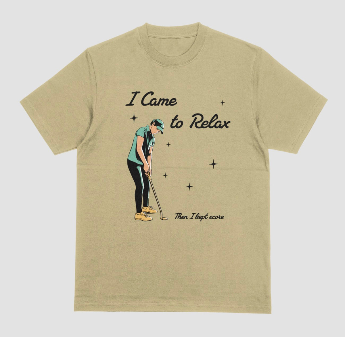 A sand color I Came to Relax Then I Kept Score golf graphic t-shirt for women
