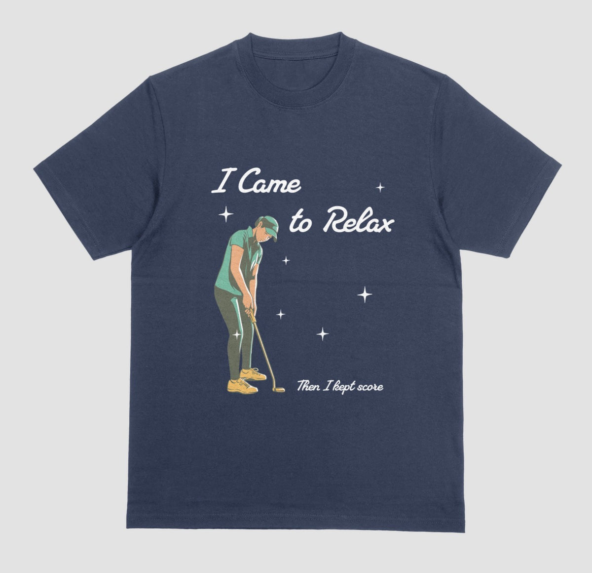 A navy blue I Came to Relax Then I Kept Score golf graphic t-shirt for women