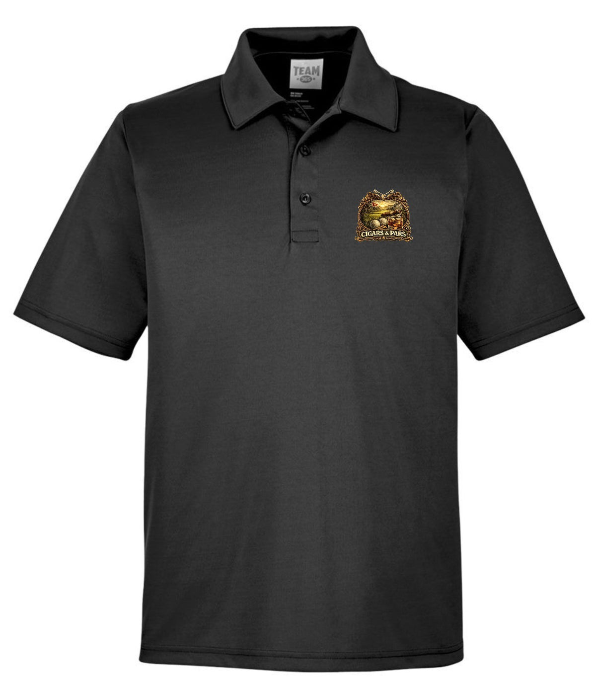 A black performance polo shirt, front view, with a left chest crest-style graphic featuring a golf course scene with a flag and golf ball, framed by decorative crossed clubs, above a banner reading 'Cigars & Pars.'