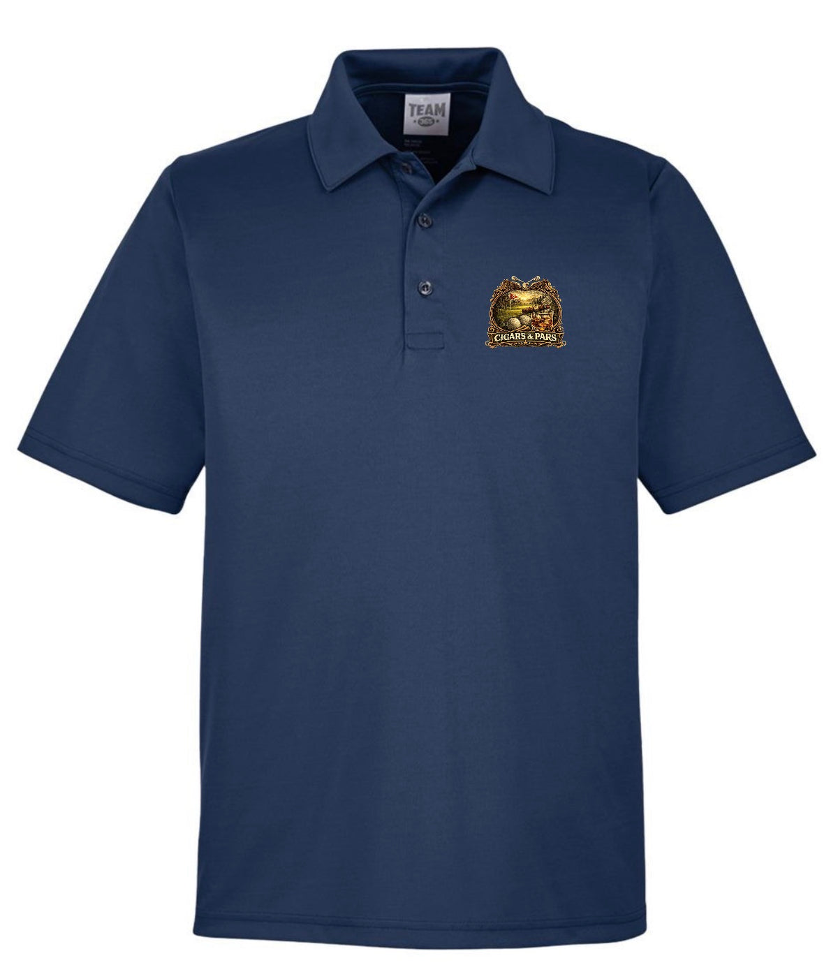 A navy blue performance polo shirt, front view, with a left chest crest-style graphic featuring a golf course scene with a flag and golf ball, framed by decorative crossed clubs, above a banner reading 'Cigars & Pars.'