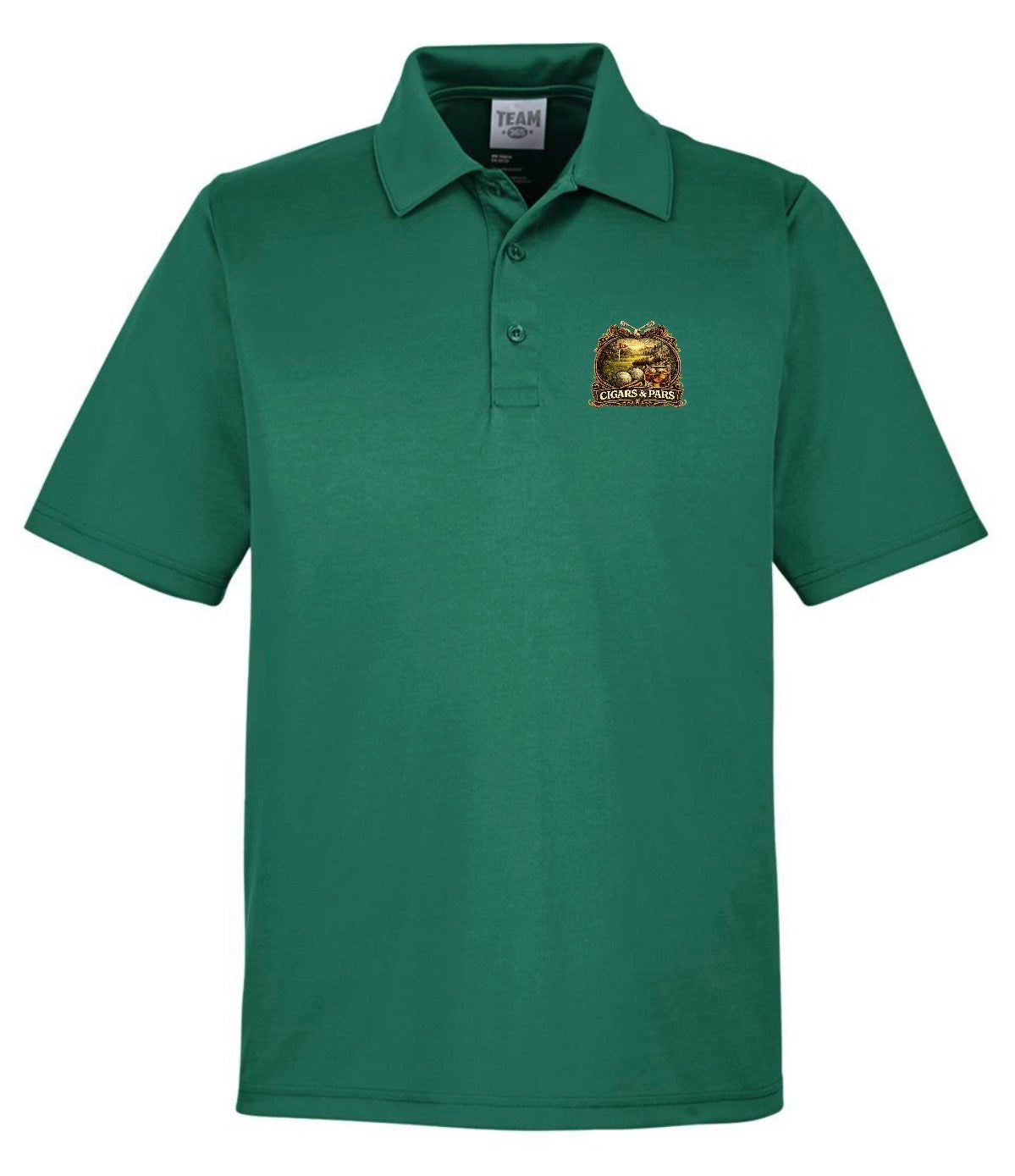 A forest green performance polo shirt, front view, with a left chest crest-style graphic featuring a golf course scene with a flag and golf ball, framed by decorative crossed clubs, above a banner reading 'Cigars & Pars.'