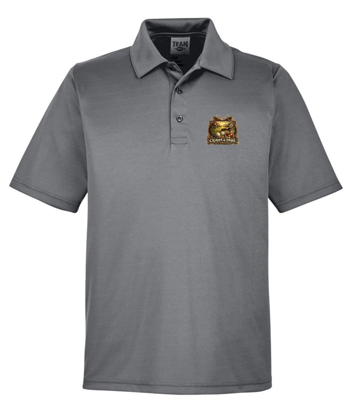 A graphite performance polo shirt, front view, with a left chest crest-style graphic featuring a golf course scene with a flag and golf ball, framed by decorative crossed clubs, above a banner reading 'Cigars & Pars.'