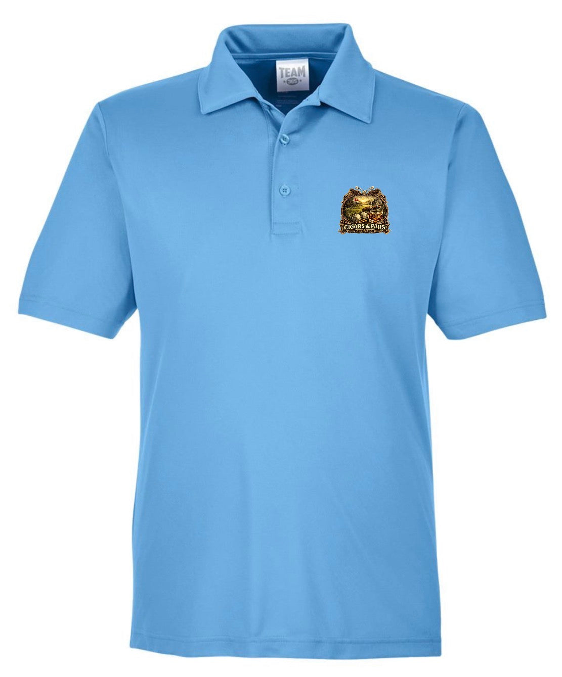 A light blue performance polo shirt, front view, with a left chest crest-style graphic featuring a golf course scene with a flag and golf ball, framed by decorative crossed clubs, above a banner reading 'Cigars & Pars.'