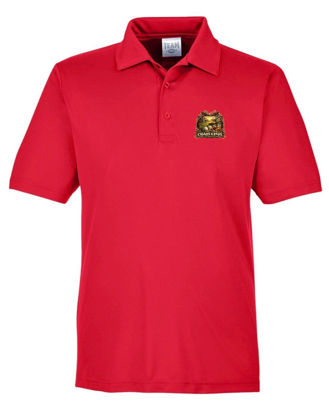 A red performance polo shirt, front view, with a left chest crest-style graphic featuring a golf course scene with a flag and golf ball, framed by decorative crossed clubs, above a banner reading 'Cigars & Pars.'