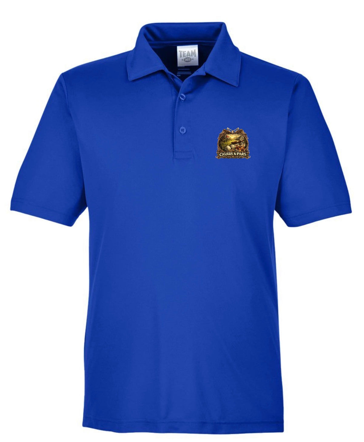 A royal blue performance polo shirt, front view, with a left chest crest-style graphic featuring a golf course scene with a flag and golf ball, framed by decorative crossed clubs, above a banner reading 'Cigars & Pars.'