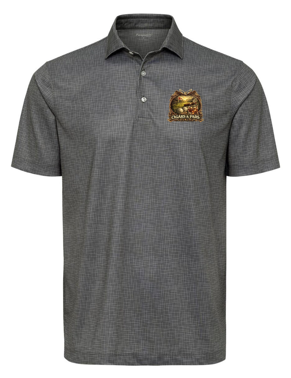 A dark grey crosshatch-patterned Paragon premium polo shirt, front view, with a left chest crest-style graphic featuring a golf course scene with a flag and golf ball, framed by decorative crossed clubs, above a banner reading 'Cigars & Pars.'