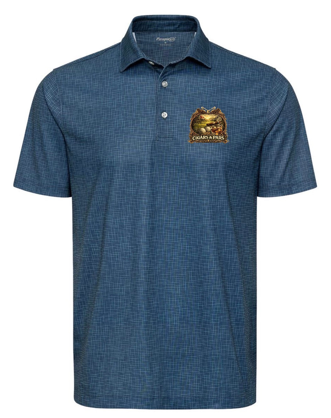 A navy blue crosshatch-patterned Paragon premium polo shirt, front view, with a left chest crest-style graphic featuring a golf course scene with a flag and golf ball, framed by decorative crossed clubs, above a banner reading 'Cigars & Pars.'