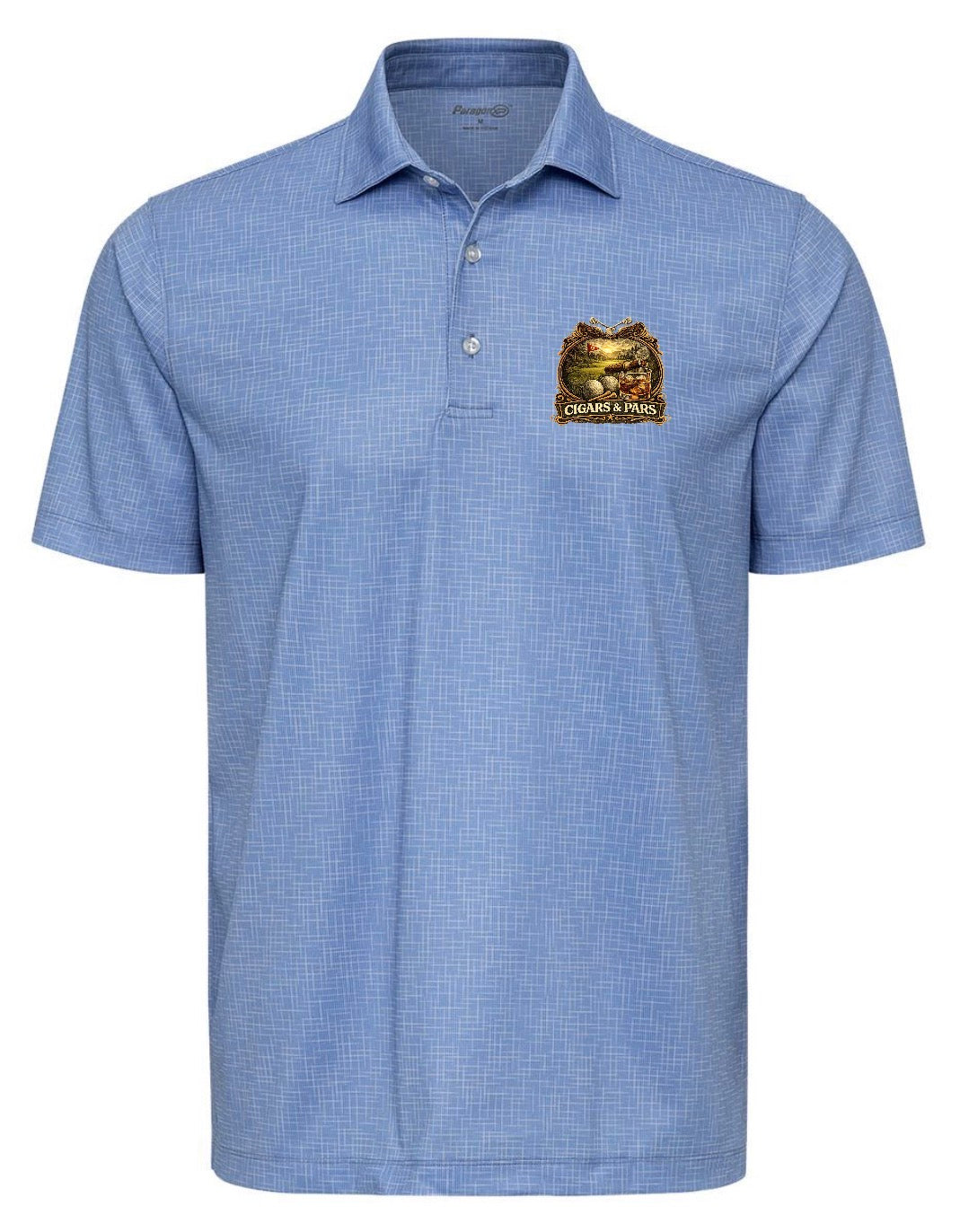 A blue sky crosshatch-patterned Paragon premium polo shirt, front view, with a left chest crest-style graphic featuring a golf course scene with a flag and golf ball, framed by decorative crossed clubs, above a banner reading 'Cigars & Pars.'
