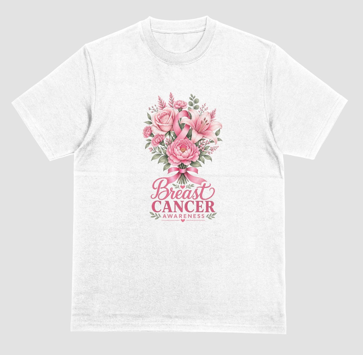 A white t-shirt with floral bouquet, pink ribbon, and 'Breast Cancer Awareness' text design