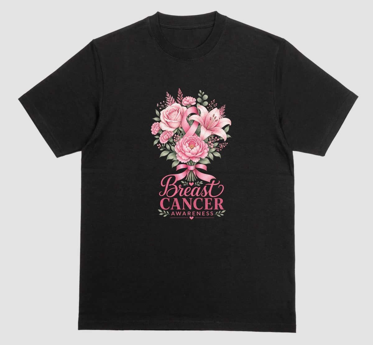 A black t-shirt with floral bouquet, pink ribbon, and 'Breast Cancer Awareness' text design