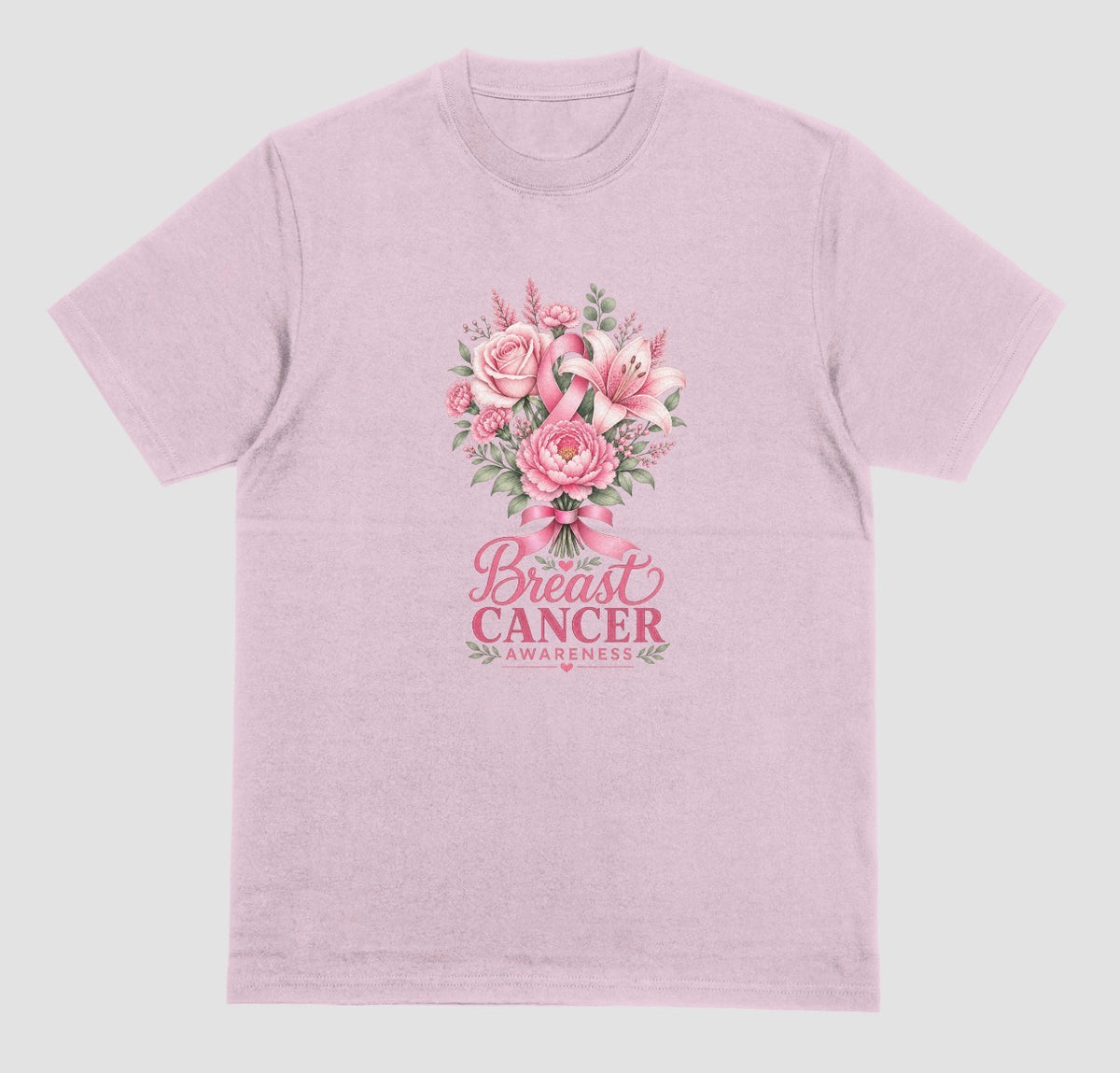 Light pink t-shirt with floral bouquet, pink ribbon, and 'Breast Cancer Awareness' text design