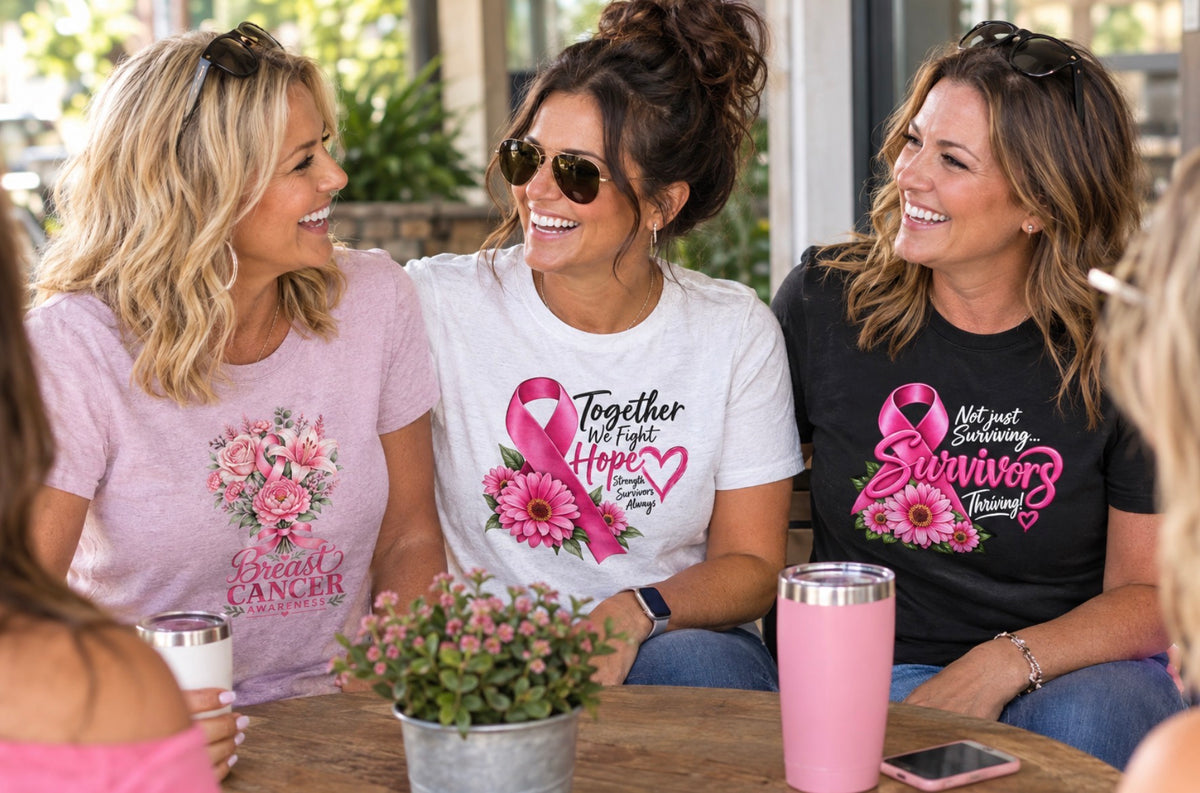 Woman wearing black Breast Cancer Awareness t-shirt with pink ribbon and 'Not Just Surviving, Survivors Thriving' quote, and a Woman wearing white Breast Cancer Awareness t-shirt with pink ribbon, flowers, and 'Together We Fight Hope' quote, and a Woman wearing pink Breast Cancer Awareness t-shirt with floral bouquet design, sitting with friends outdoors