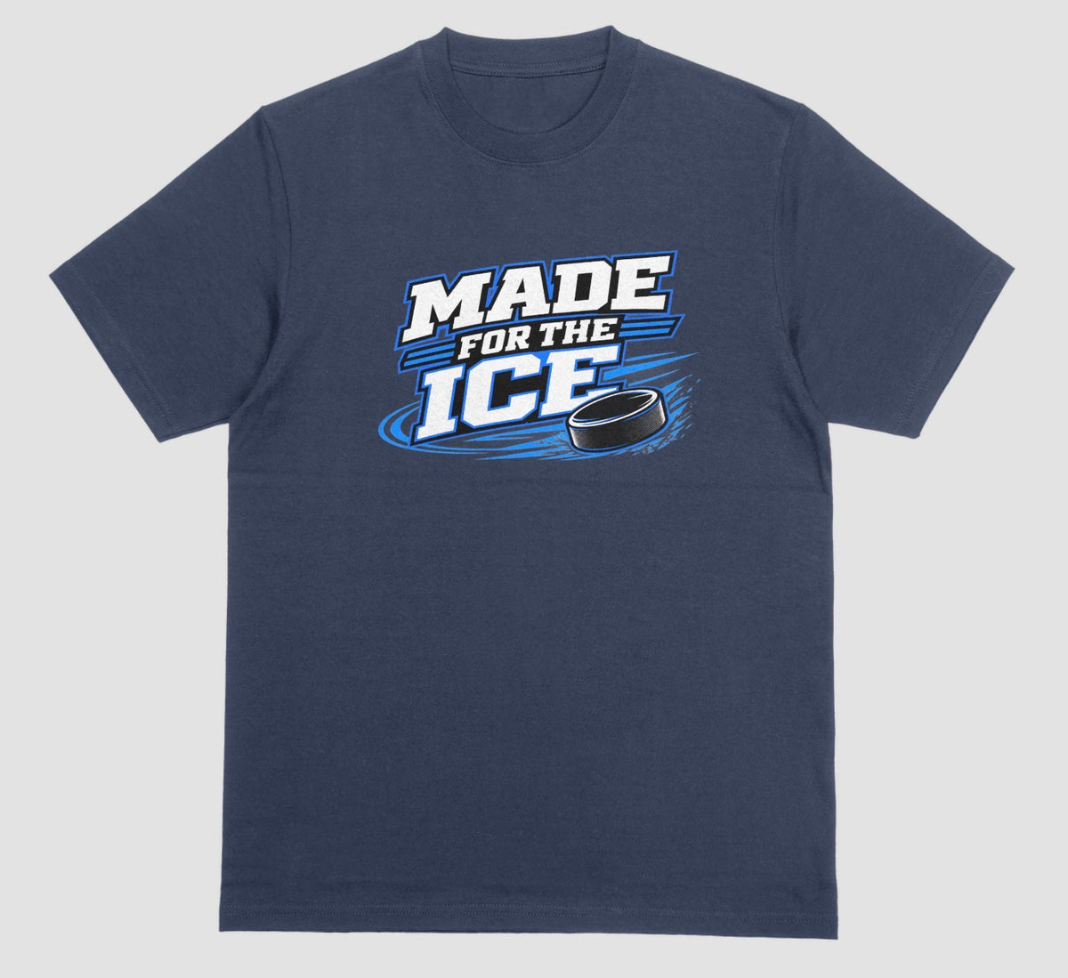 Navy blue "Made For The Ice" hockey t-shirt with blue and white lettering and a sliding puck graphic