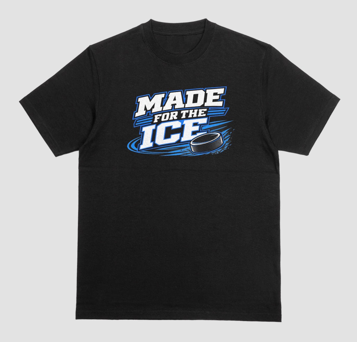 Black "Made For The Ice" hockey t-shirt with blue and white lettering and a sliding puck graphic