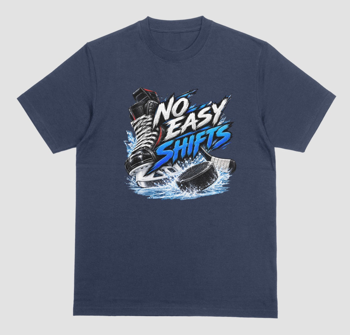 Navy "No Easy Shifts" hockey t-shirt with skate, stick, and splashing puck graphic