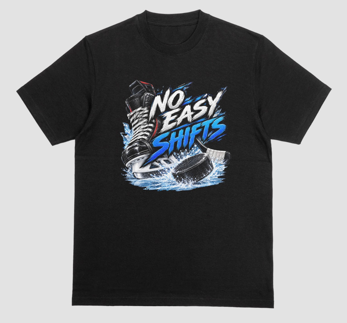 Black "No Easy Shifts" hockey t-shirt with skate, stick, and splashing puck graphic