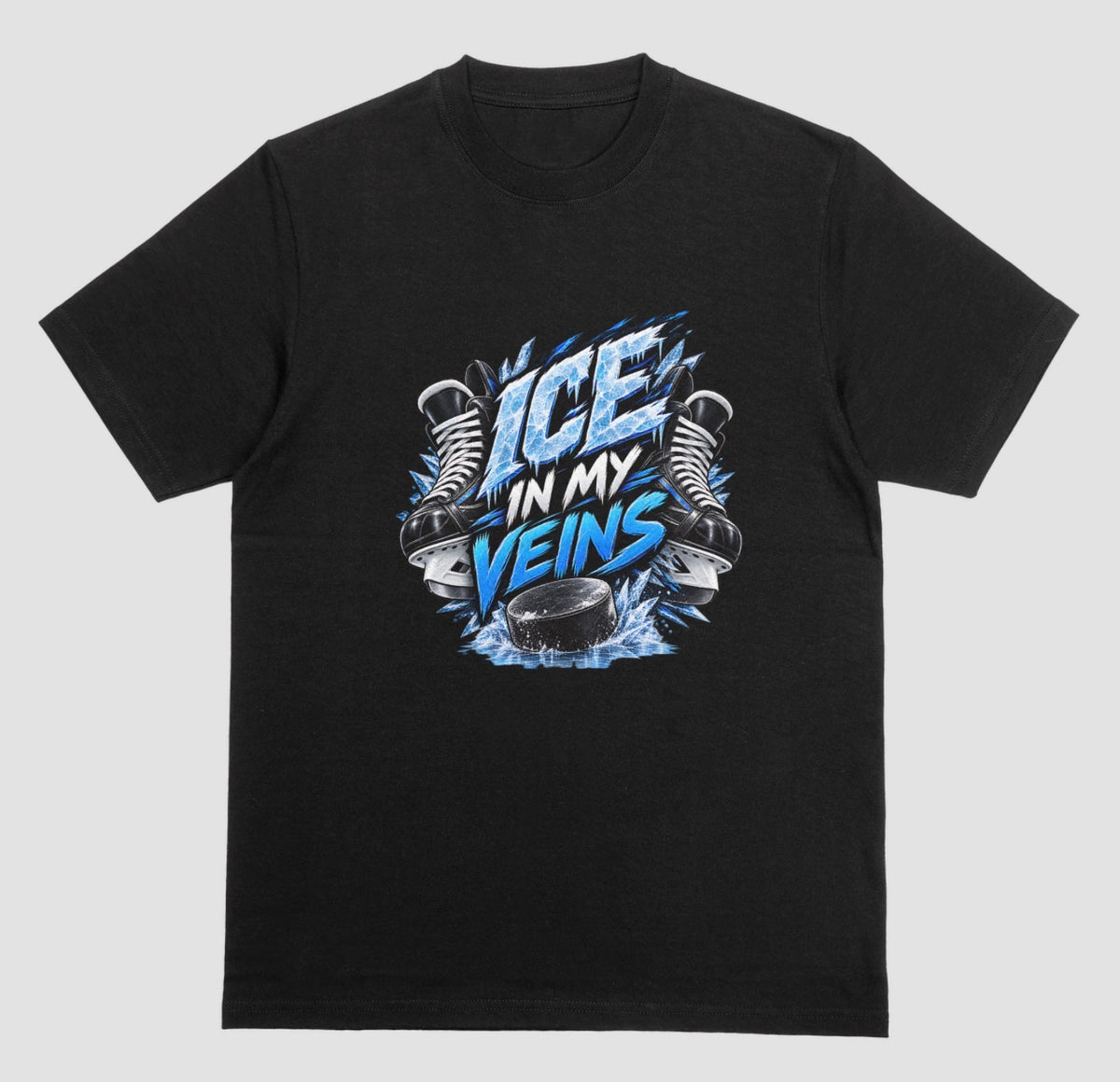 Black "Ice In My Veins" hockey t-shirt with skates, icy lettering, and puck graphic