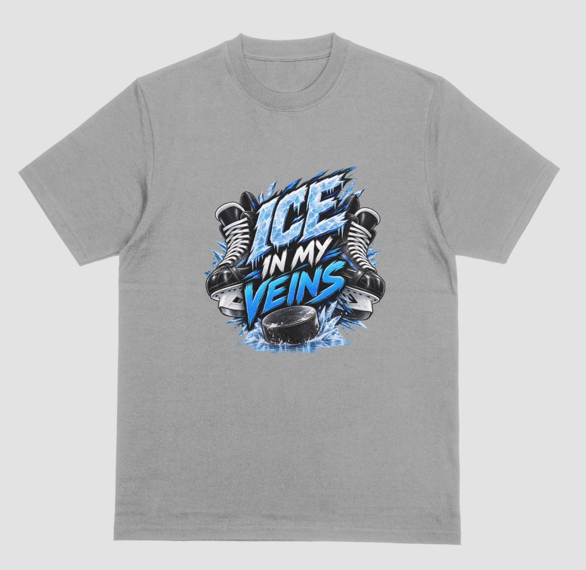 Grey "Ice In My Veins" hockey t-shirt with skates, icy lettering, and puck graphic