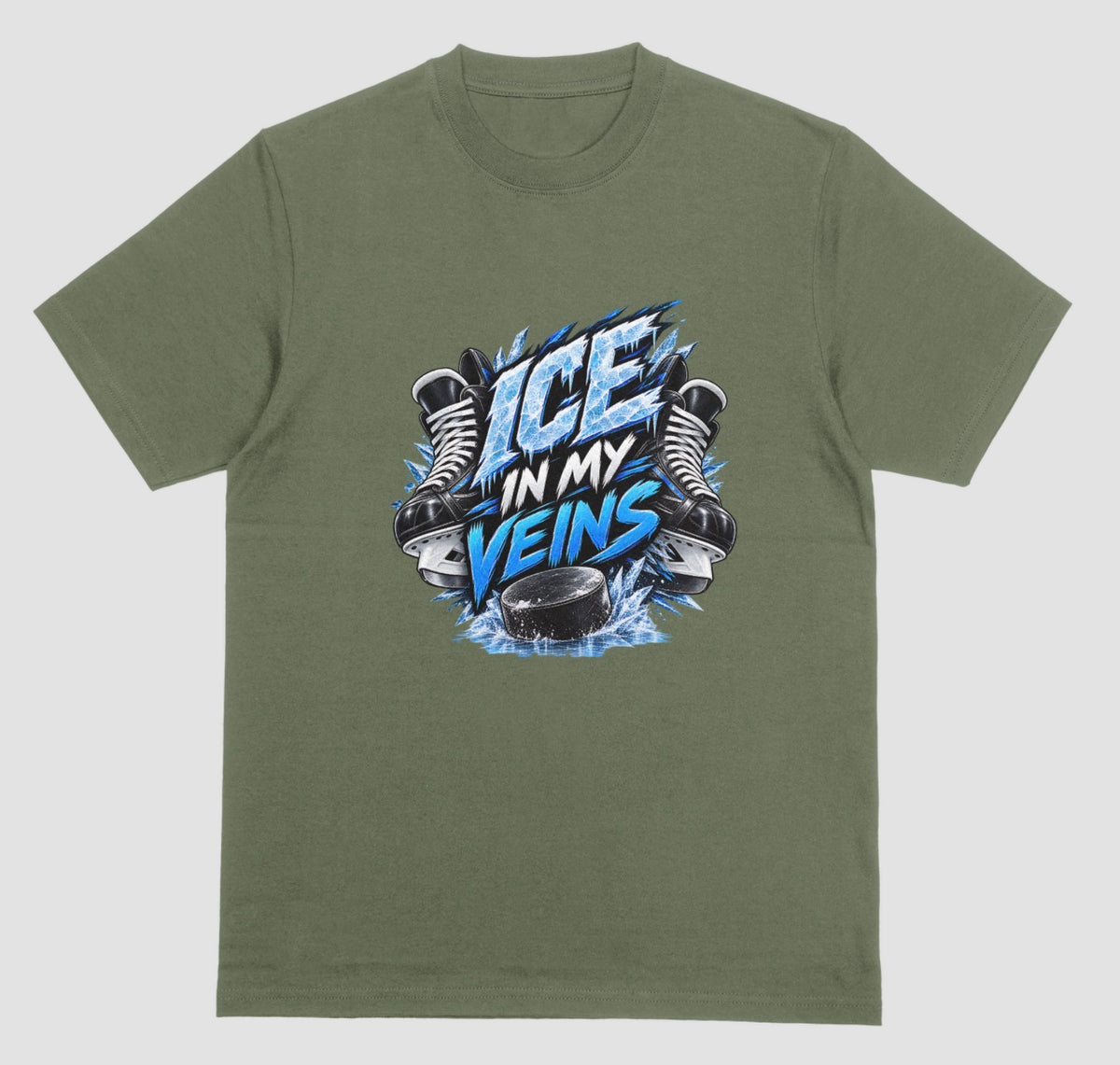 Military green "Ice In My Veins" hockey t-shirt with skates, icy lettering, and puck graphic