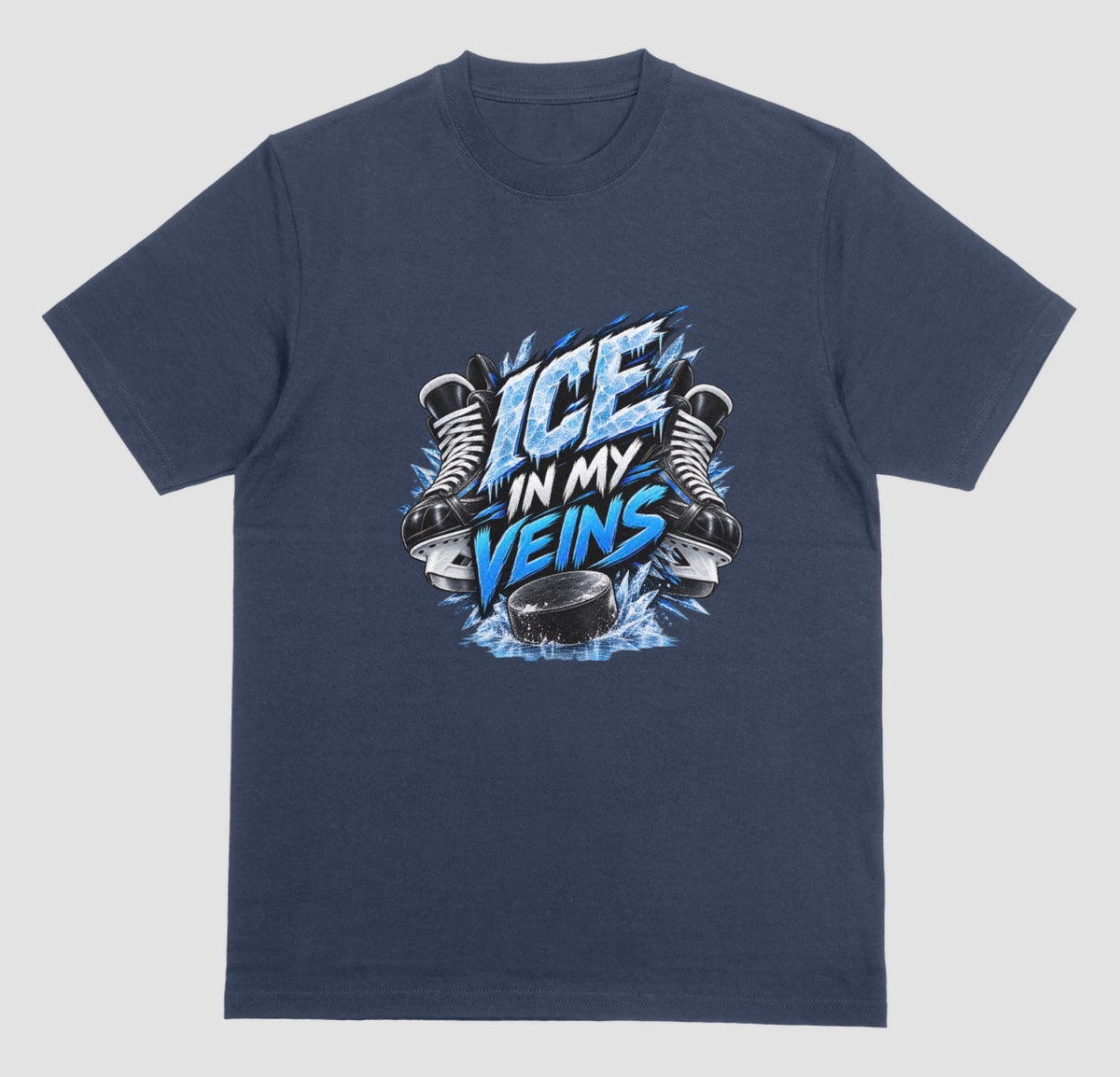 Navy blue "Ice In My Veins" hockey t-shirt with skates, icy lettering, and puck graphic