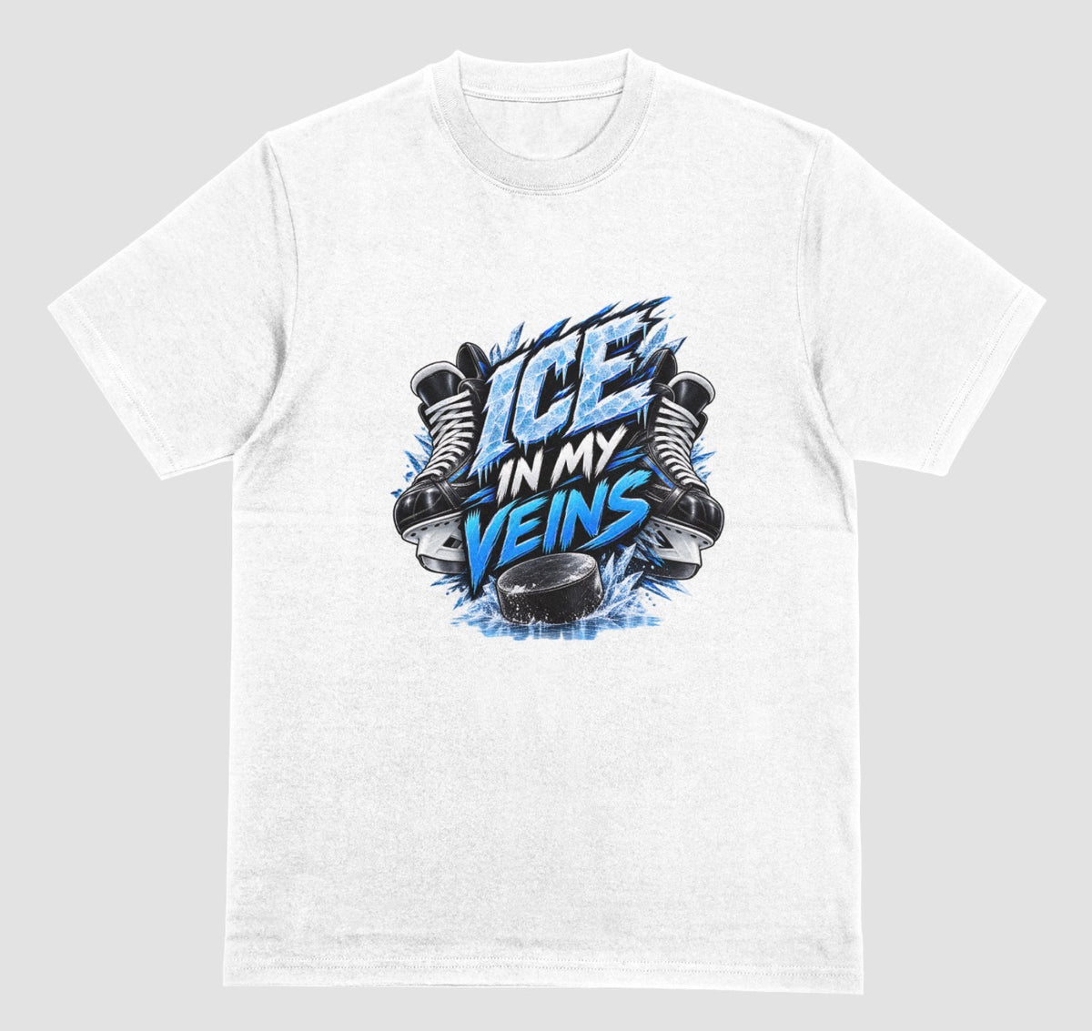 White "Ice In My Veins" hockey t-shirt with skates, icy lettering, and puck graphic