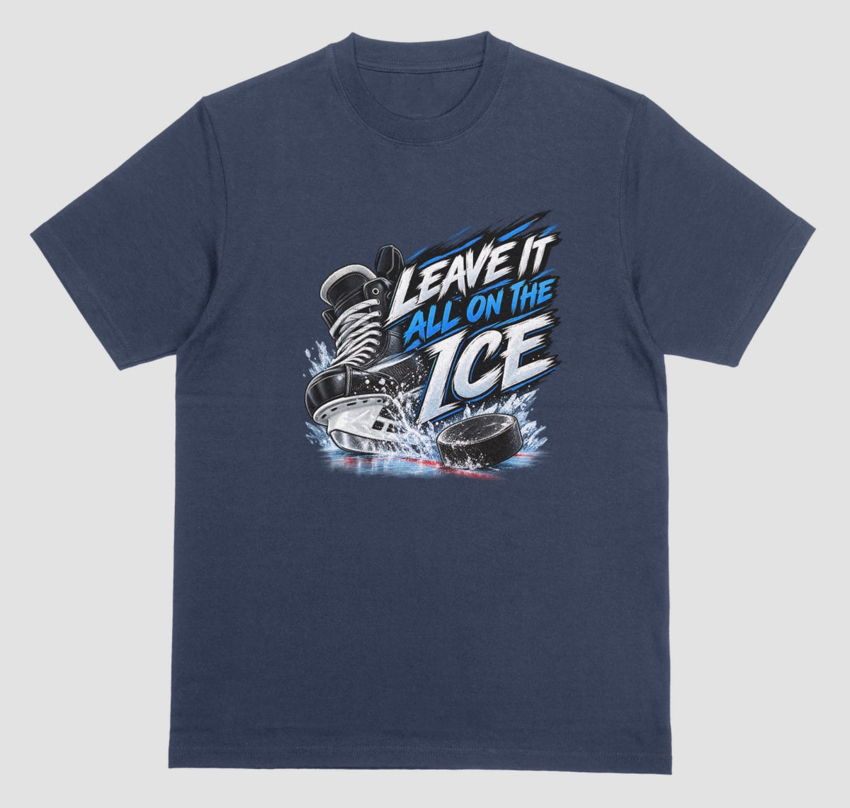 Navy blue "Leave It All on the Ice" hockey t-shirt with skate, splashing ice, and puck graphic