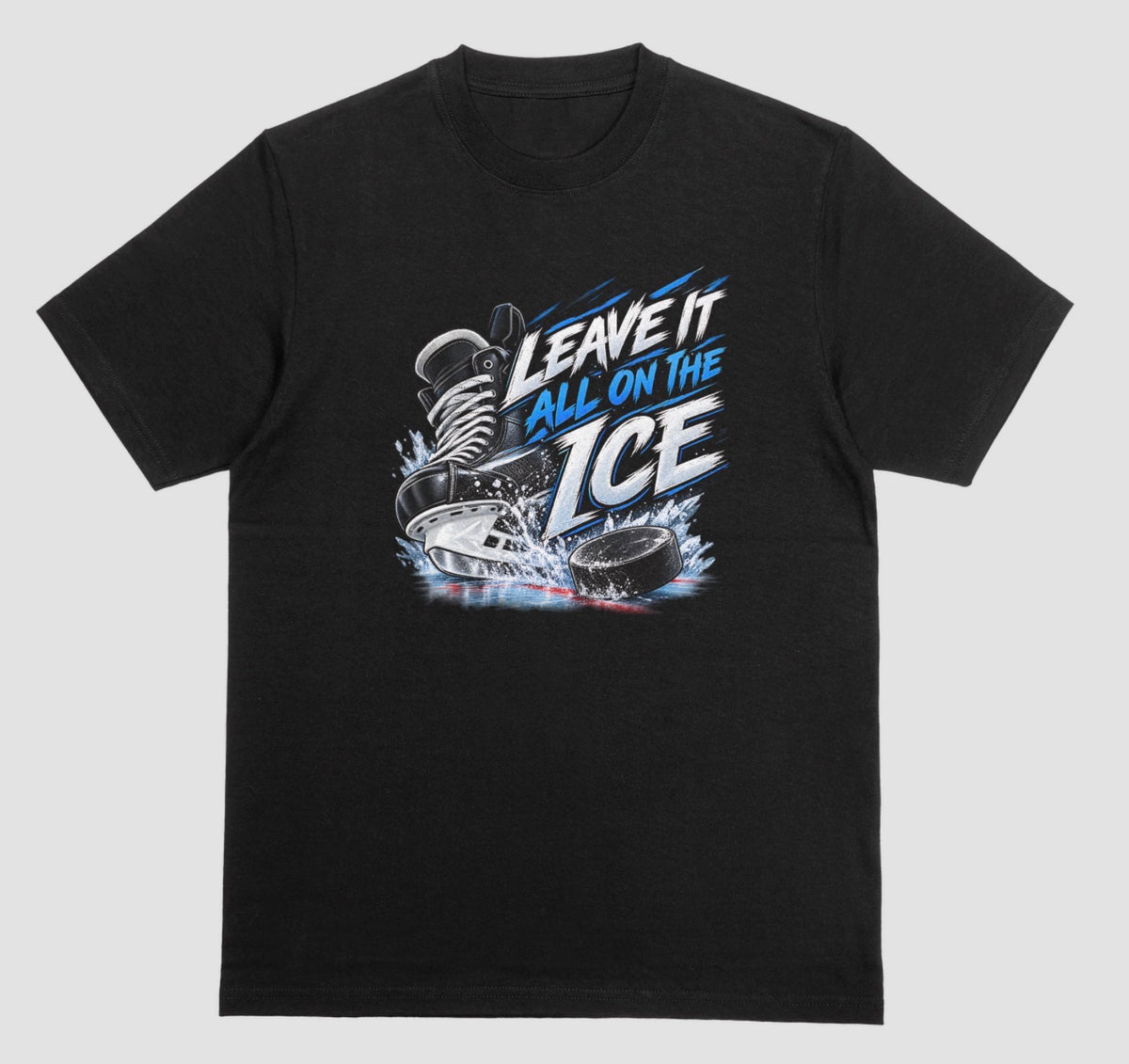 Black "Leave It All on the Ice" hockey t-shirt with skate, splashing ice, and puck graphic