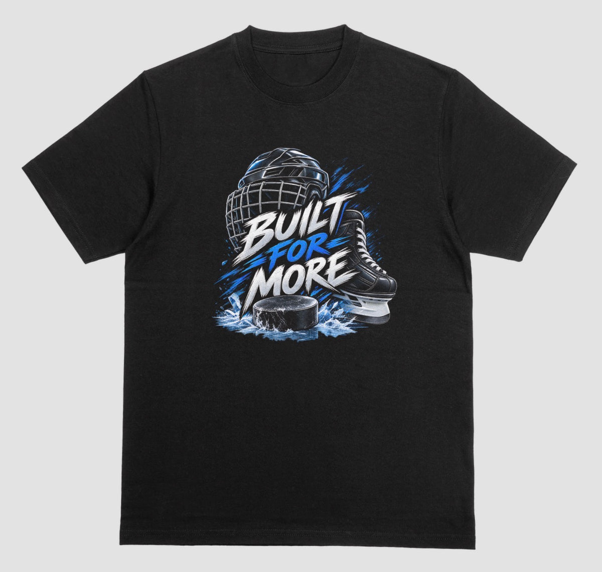 Black "Built For More" hockey t-shirt with helmet, skate, and puck graphic