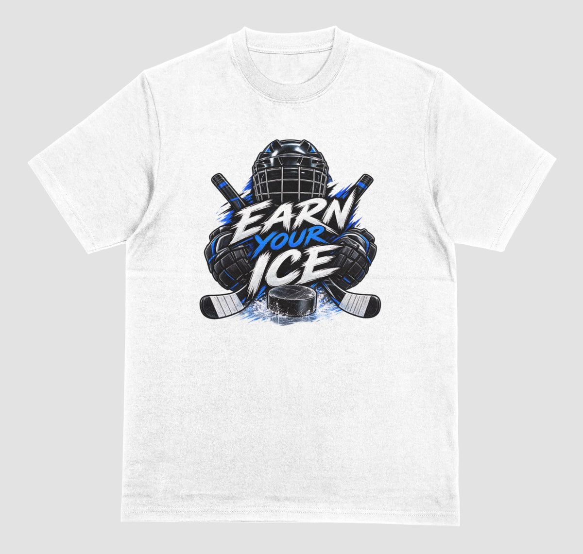 White "Earn Your Ice" hockey t-shirt with helmet, crossed sticks, and puck graphic