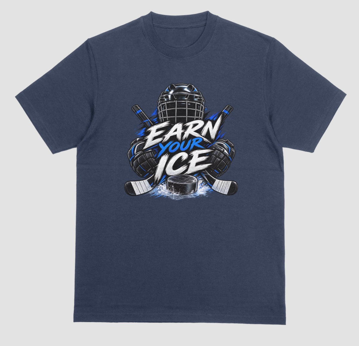Navy blue "Earn Your Ice" hockey t-shirt with helmet, crossed sticks, and puck graphic