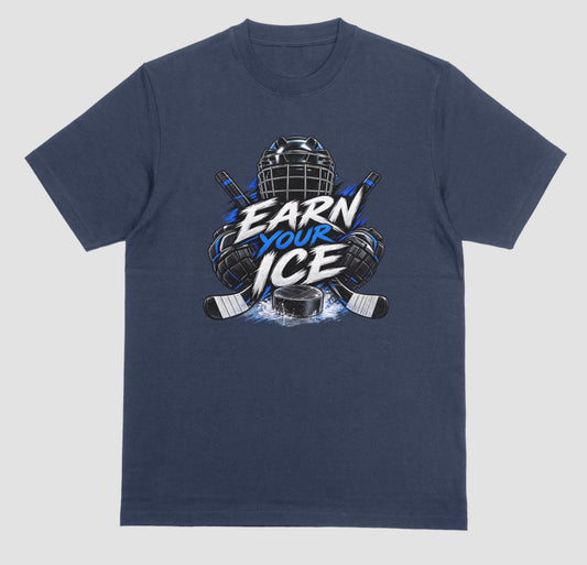 Navy blue "Earn Your Ice" hockey t-shirt with helmet, crossed sticks, and puck graphic