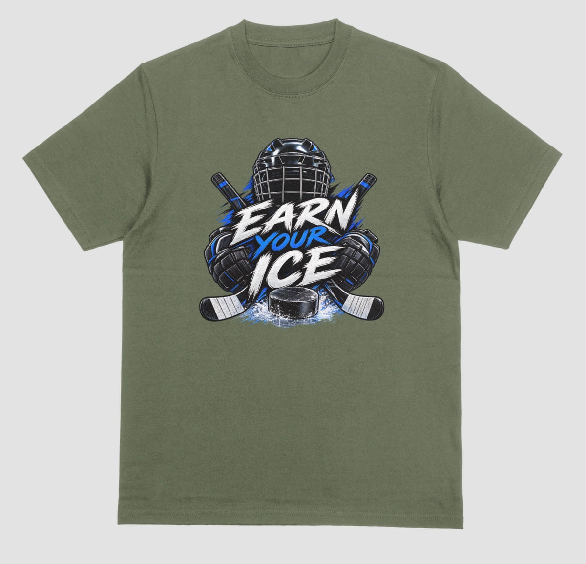 Military green "Earn Your Ice" hockey t-shirt with helmet, crossed sticks, and puck graphic