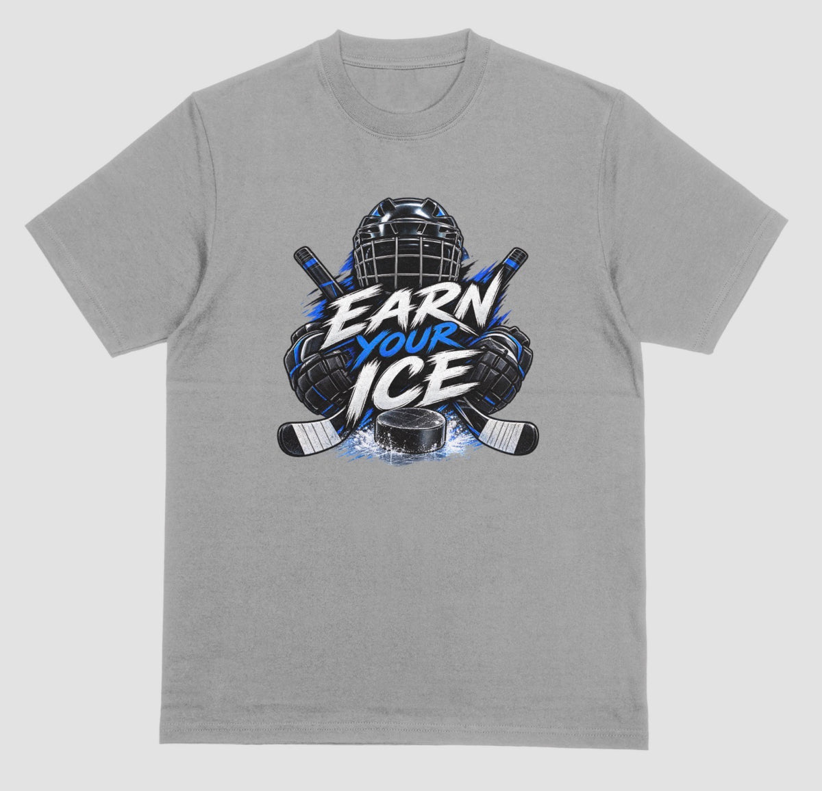 Grey "Earn Your Ice" hockey t-shirt with helmet, crossed sticks, and puck graphic