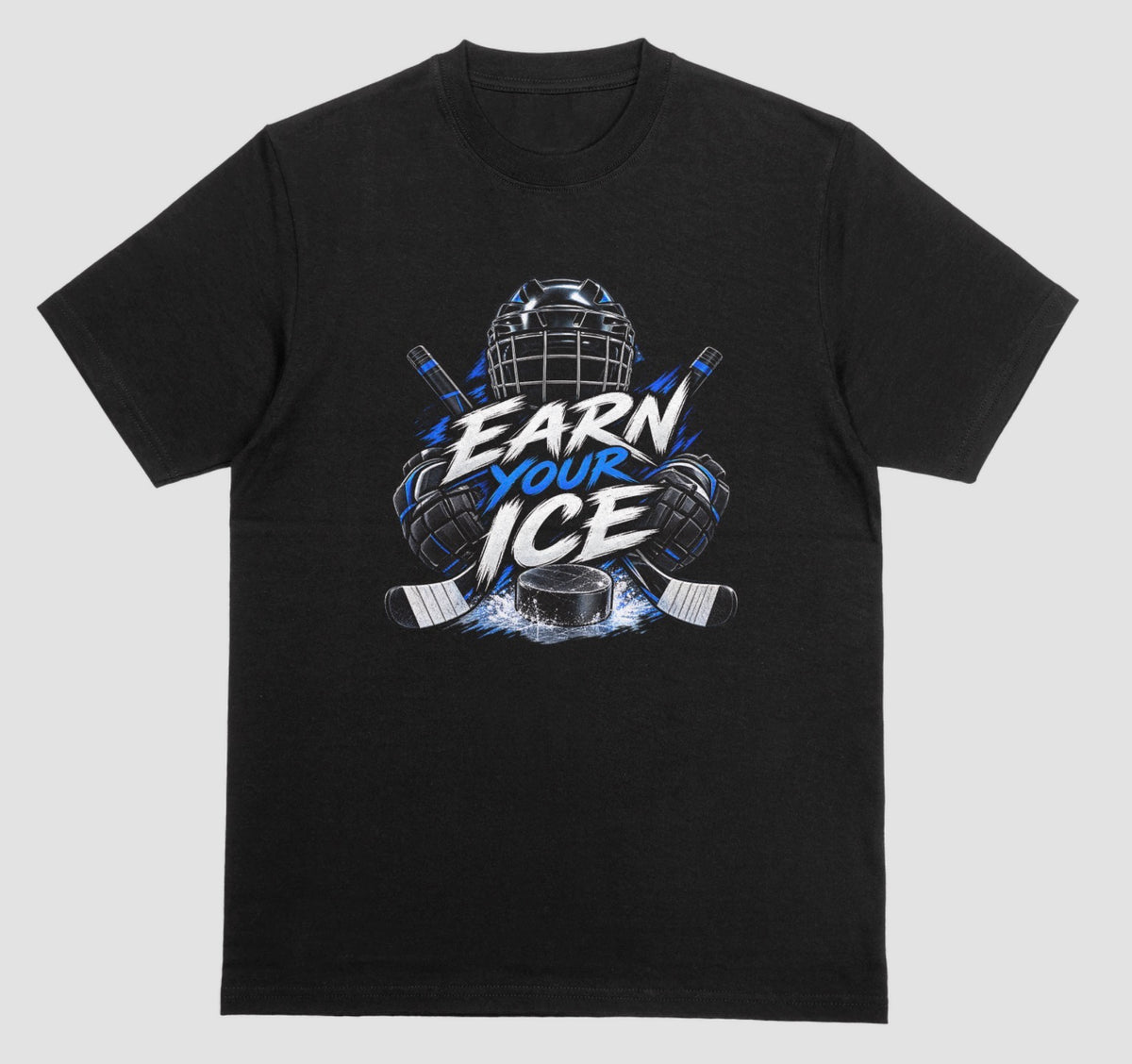 Black "Earn Your Ice" hockey t-shirt with helmet, crossed sticks, and puck graphic