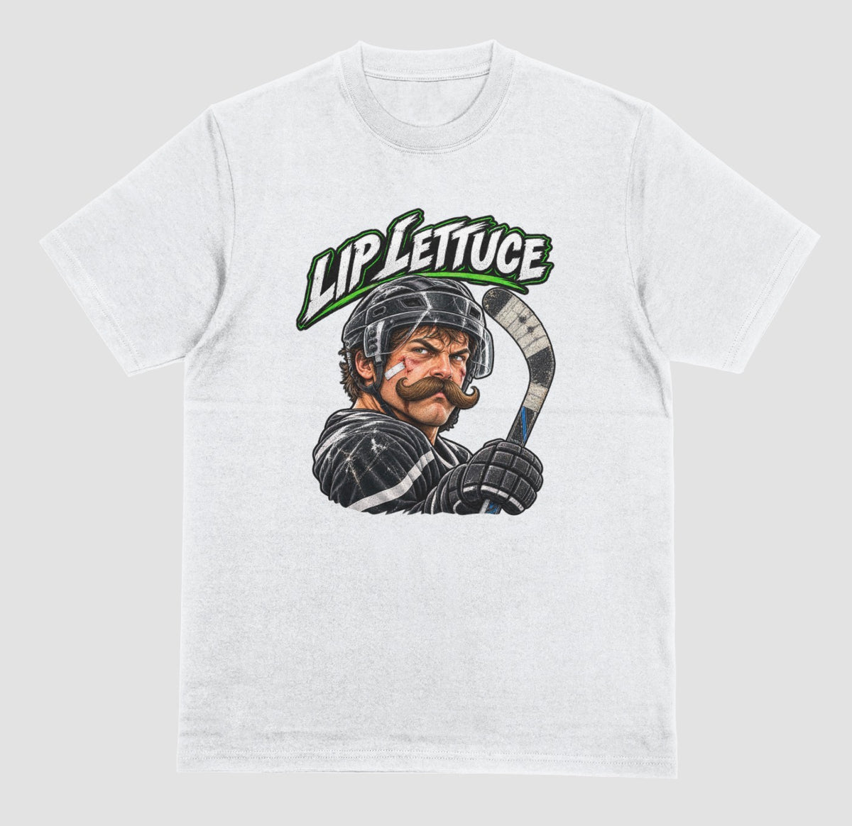 A white hockey t-shirt with a color illustration of a mustached hockey player in a helmet holding a stick, with “Lip Lettuce” in white and green lettering above