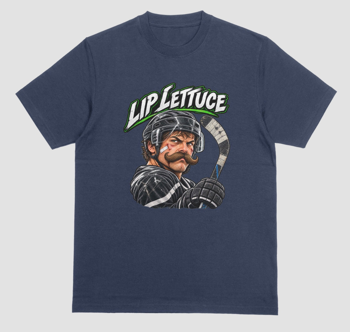 A navy blue hockey t-shirt with a color illustration of a mustached hockey player in a helmet holding a stick, with “Lip Lettuce” in white and green lettering above