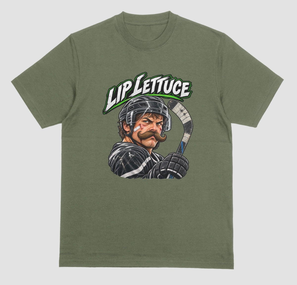 A military green hockey t-shirt with a color illustration of a mustached hockey player in a helmet holding a stick, with “Lip Lettuce” in white and green lettering above