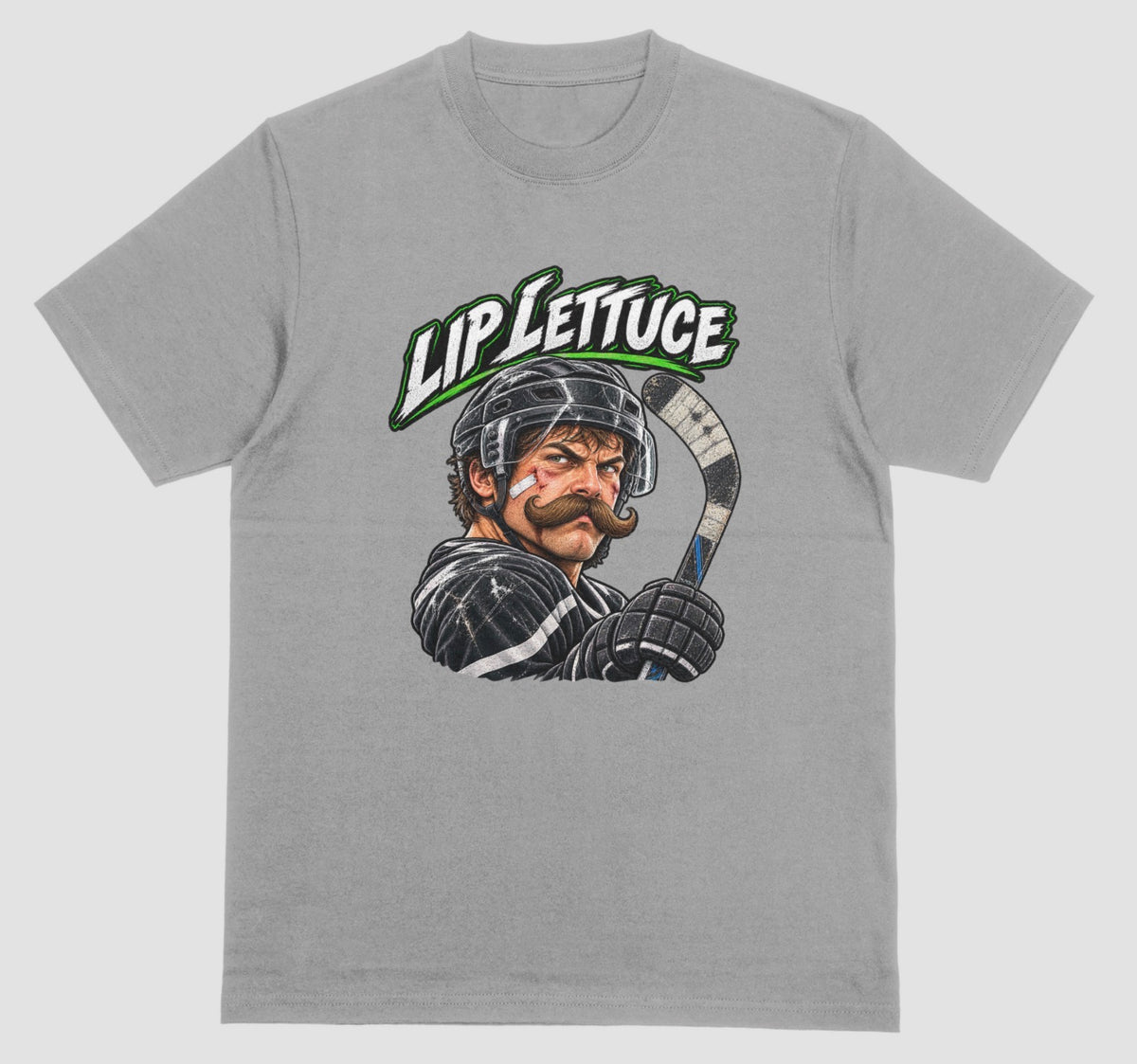 A grey hockey t-shirt with a color illustration of a mustached hockey player in a helmet holding a stick, with “Lip Lettuce” in white and green lettering above