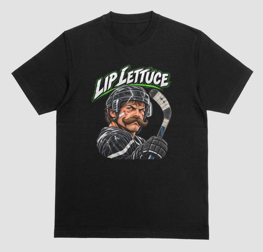 A black hockey t-shirt with a color illustration of a mustached hockey player in a helmet holding a stick, with “Lip Lettuce” in white and green lettering above