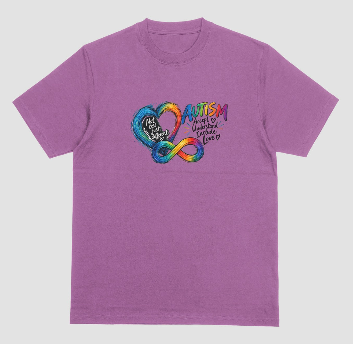 A light orchid t-shirt with a rainbow watercolor heart and infinity symbol beside the word ‘Autism’ and the words ‘Accept, Understand, Include, Love.’