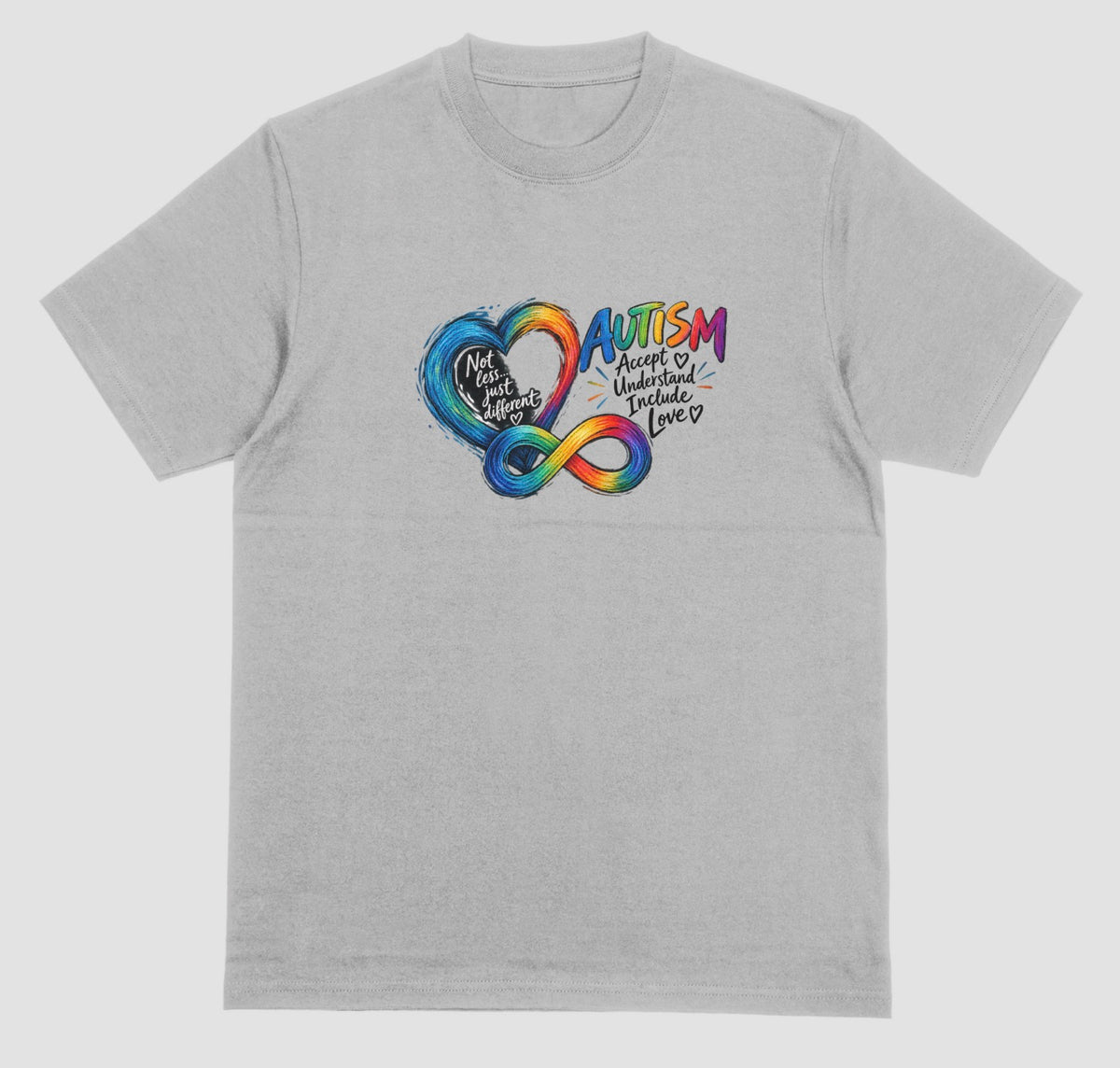 A grey t-shirt with a rainbow watercolor heart and infinity symbol beside the word ‘Autism’ and the words ‘Accept, Understand, Include, Love.’