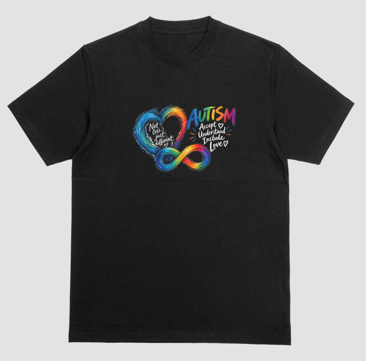 A black t-shirt with a rainbow watercolor heart and infinity symbol beside the word ‘Autism’ and the words ‘Accept, Understand, Include, Love.’