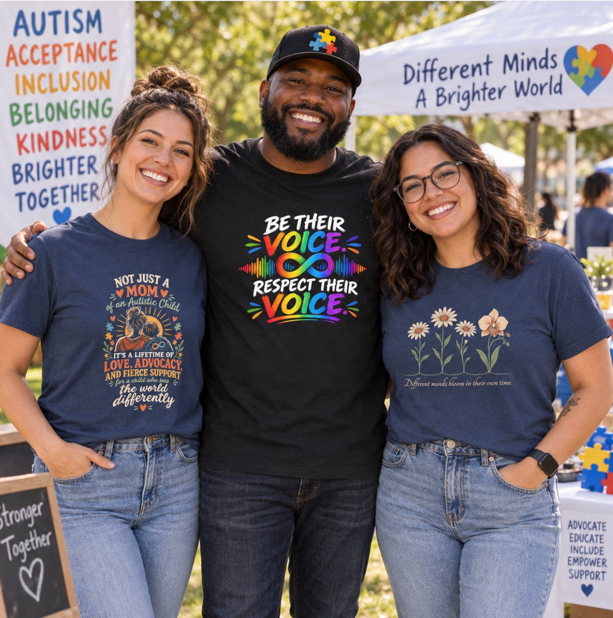 “Three people in autism awareness tees: ‘Not Just a Mom,’ ‘Be Their Voice,’ and ‘Different minds bloom,’ at an outdoor event.”