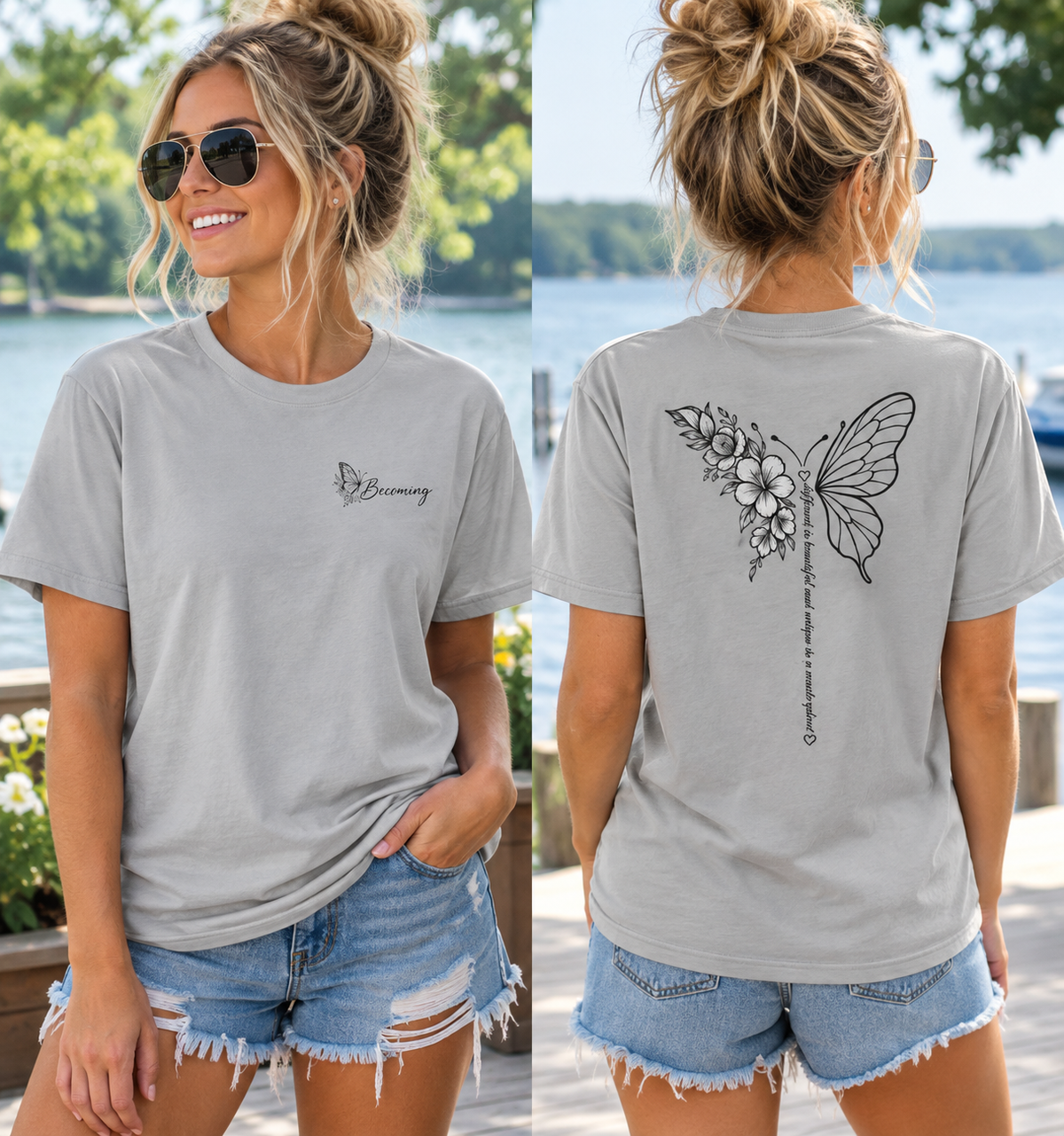 Woman wearing a 2 sided t-shirt “shown side by side. The front has a small script logo on the chest, and the back has a black line-art butterfly with flowers and a vertical line of small text.”