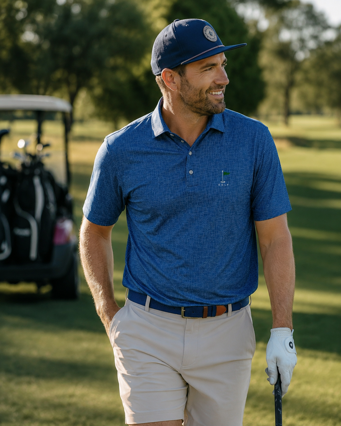 A man on a golf course wearing a navy short-sleeve Premium Golf Performance Polo shirt in a light blue and white micro-check pattern, featuring a green golf flag and GOLF lettering from Where We Play Apparel