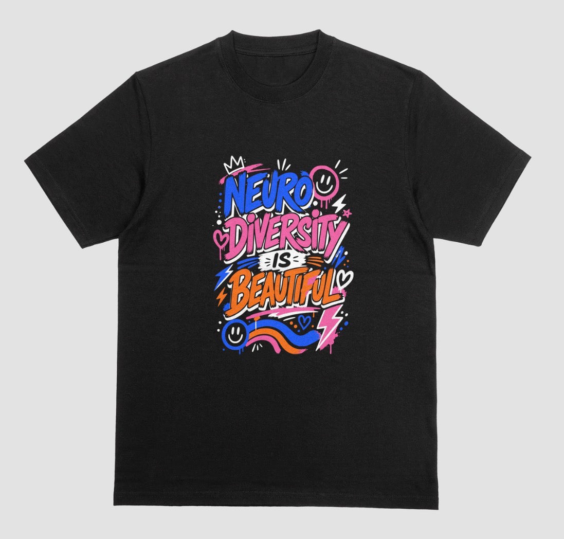 A black short-sleeve crewneck t-shirt featuring a colorful graphic on the chest that reads 'NEURO DIVERSITY IS BEAUTIFUL' in stylized, graffiti-like lettering with pink, blue, orange, and purple accents.