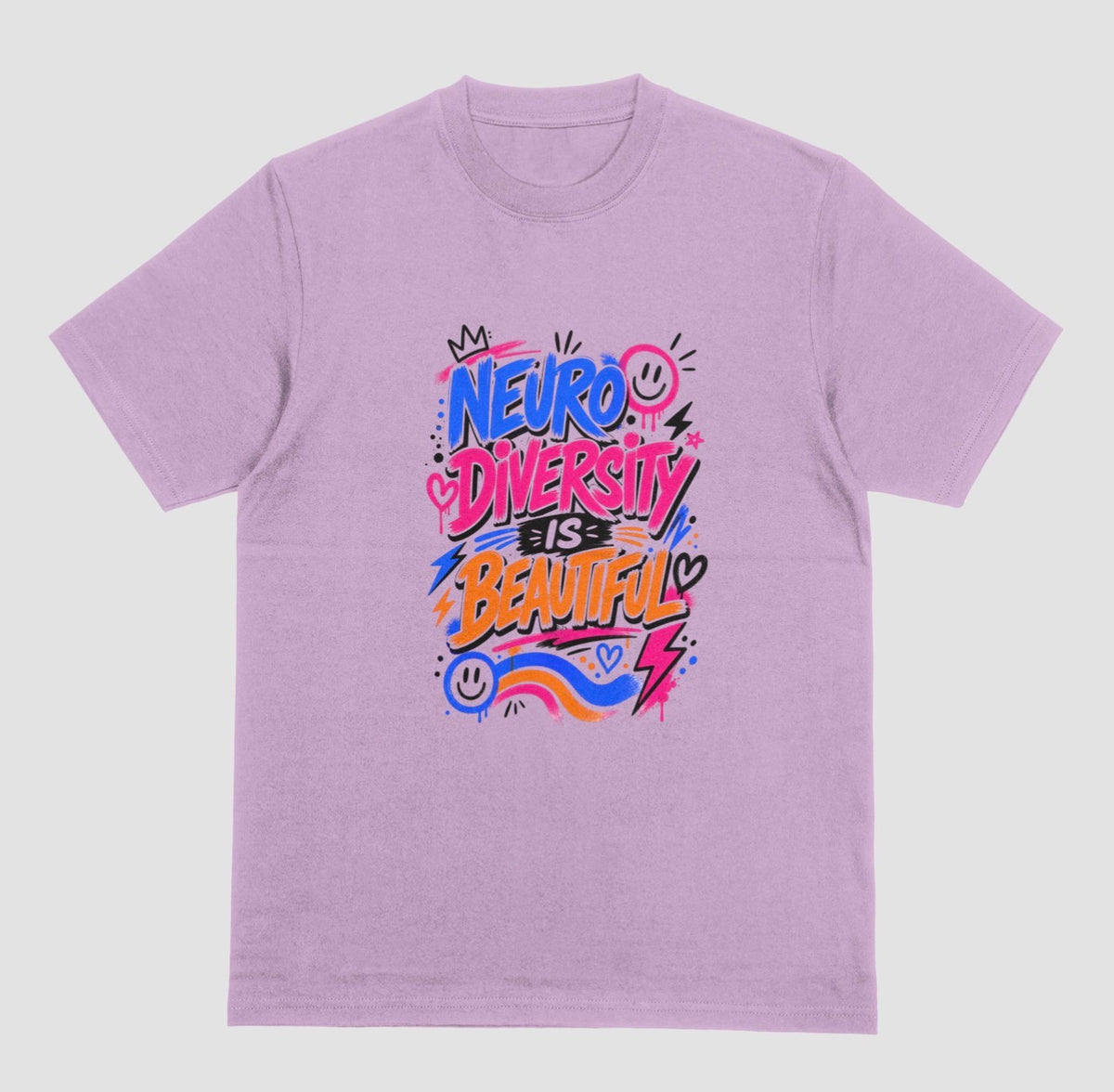 A lilac short-sleeve crewneck t-shirt featuring a colorful graphic on the chest that reads 'NEURO DIVERSITY IS BEAUTIFUL' in stylized, graffiti-like lettering with pink, blue, orange, and purple accents.