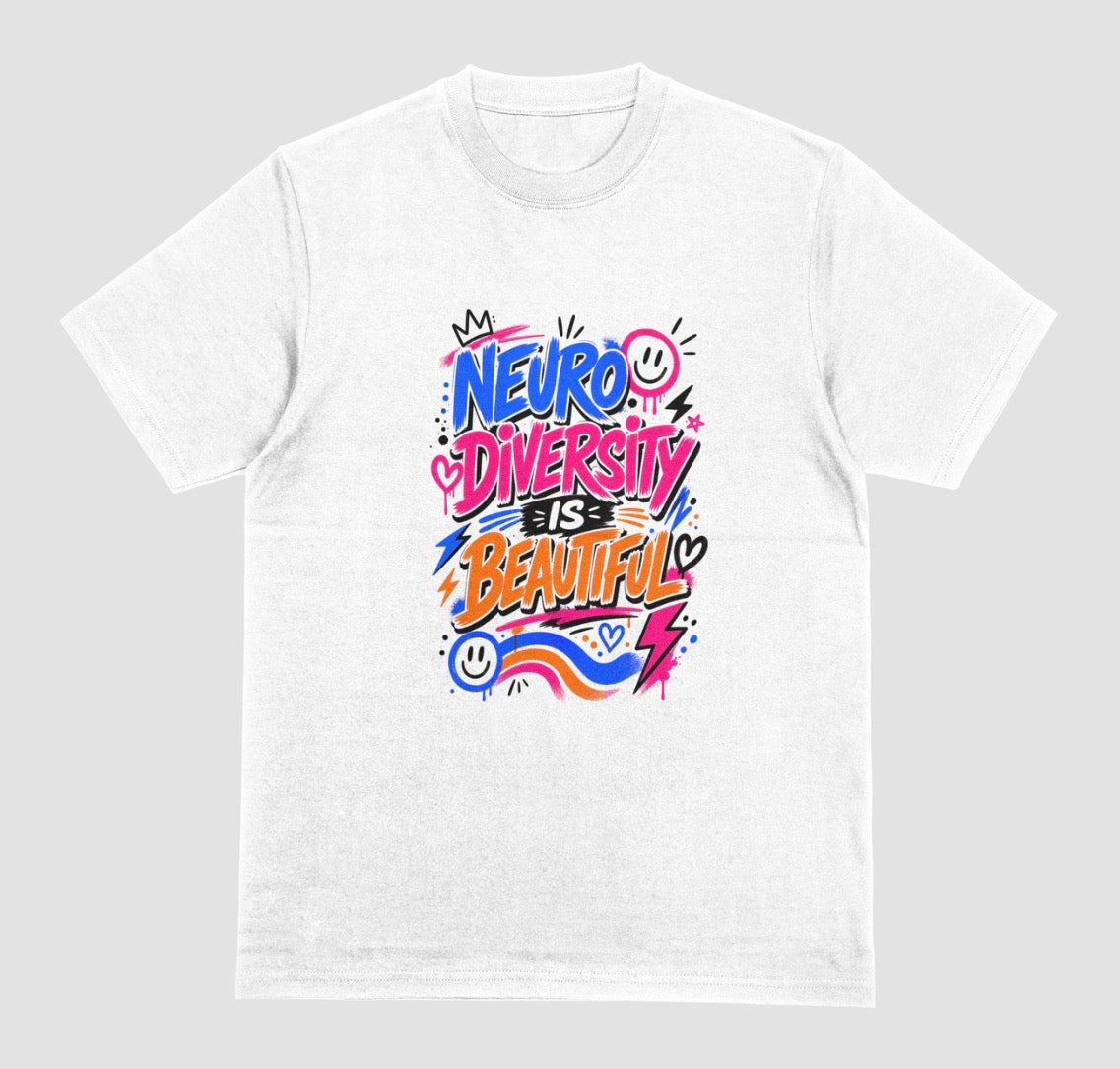 A white short-sleeve crewneck t-shirt featuring a colorful graphic on the chest that reads 'NEURO DIVERSITY IS BEAUTIFUL' in stylized, graffiti-like lettering with pink, blue, orange, and purple accents.