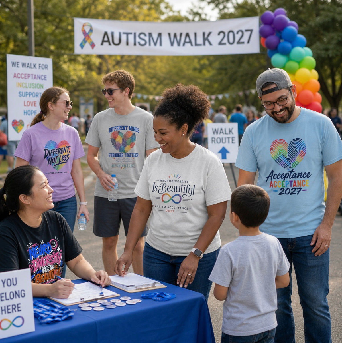 A group of people participating in an outdoor Autism Walk 2027 event, wearing various Autism t-shirt designs. A banner in the background reads 'AUTISM WALK 2027' with a rainbow ribbon, and a table in the foreground has a blue cloth with buttons and paperwork.